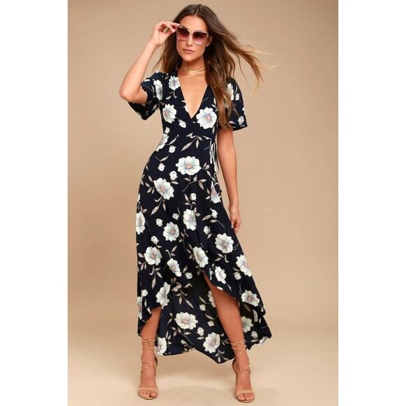 Lulus Dresses & Skirts - Lulus “Lake Como” Navy Blue Floral Print High-Low Wrap Dress - Medium